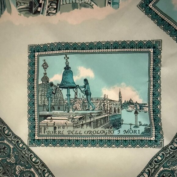 Vintage Italian Venezia Scarf 30 Inch Square Turquoise White Academia Style - Picture 3 of 12